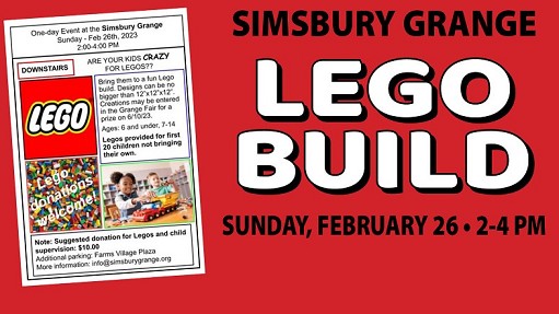 Join us at Simsbury Grange for a LEGO Build. Legos can be provided or bring your own. Kids aged 6-under and 7-14 can enter their creations in the Simsbury Grange Fair on June 10th.
